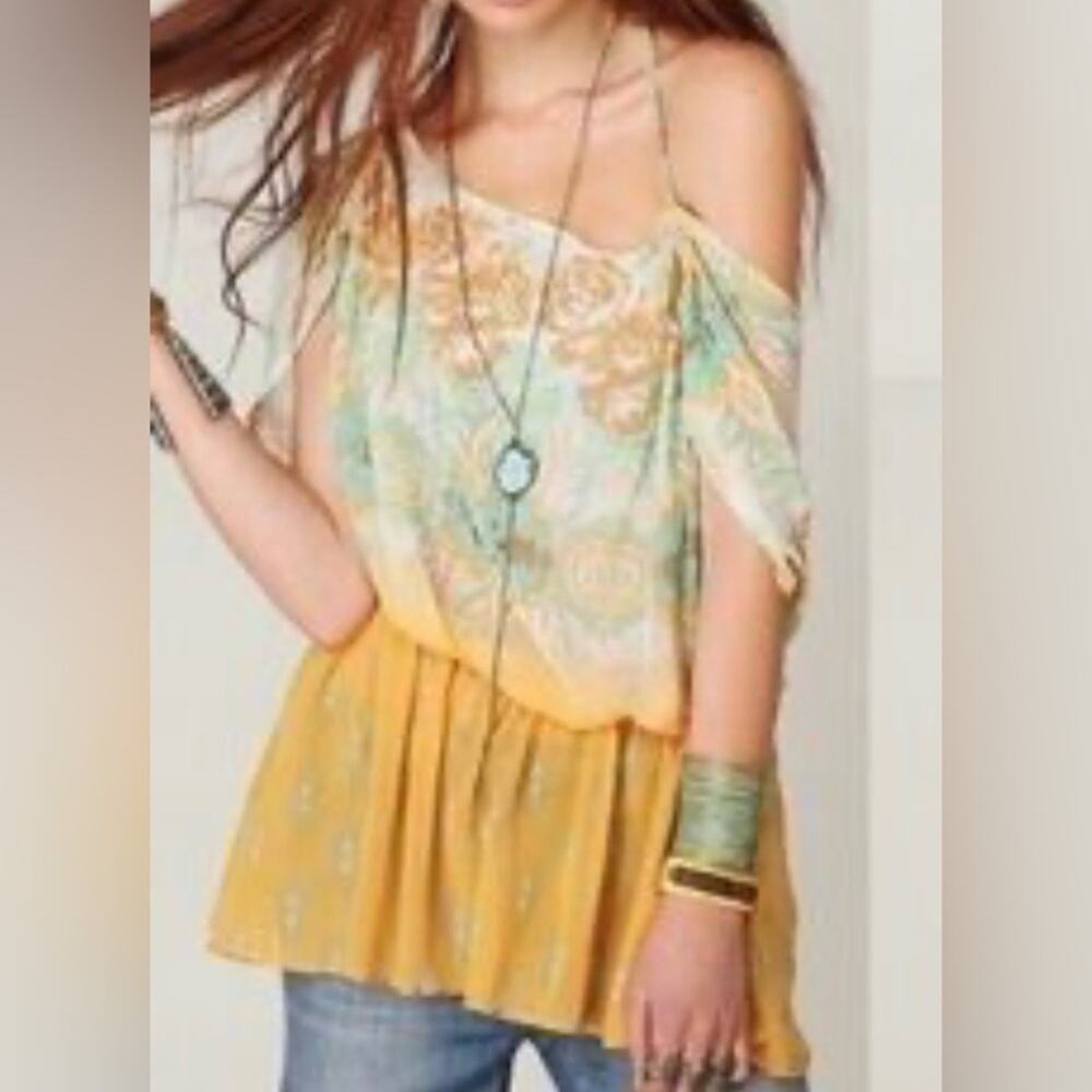 Free People sheer, low-back, boho top in an orange, yellow swim cover